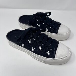 Charles & Keith Bunny Pearl Mule Sneaker Tweed Womens 7.5 / 38 Black Platform